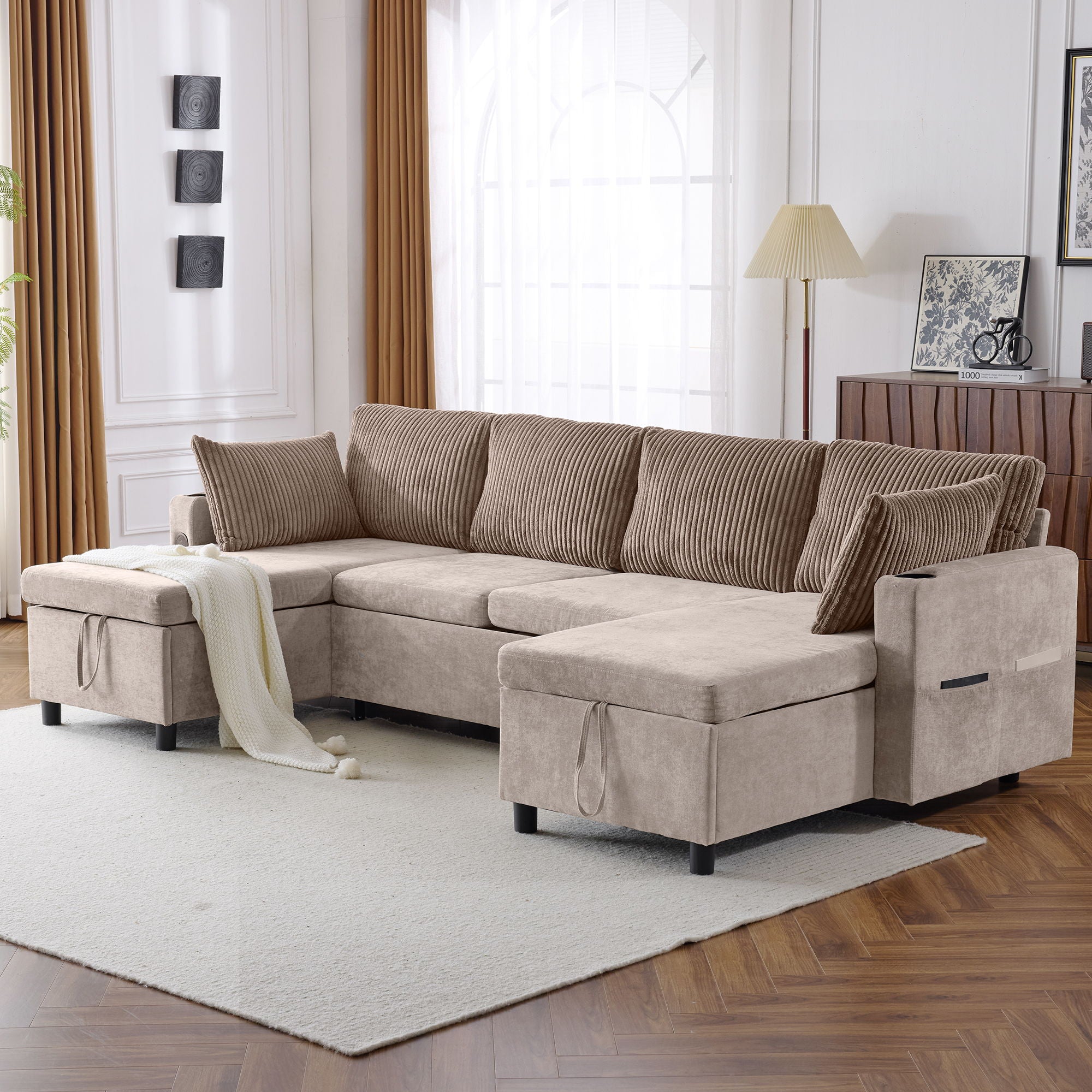 Sectional Sofa Pull Out Sofa Bed Versatile Sofa Sleeper With Large Storage Space, Two USB Ports And Two Cup Holders For Living Room