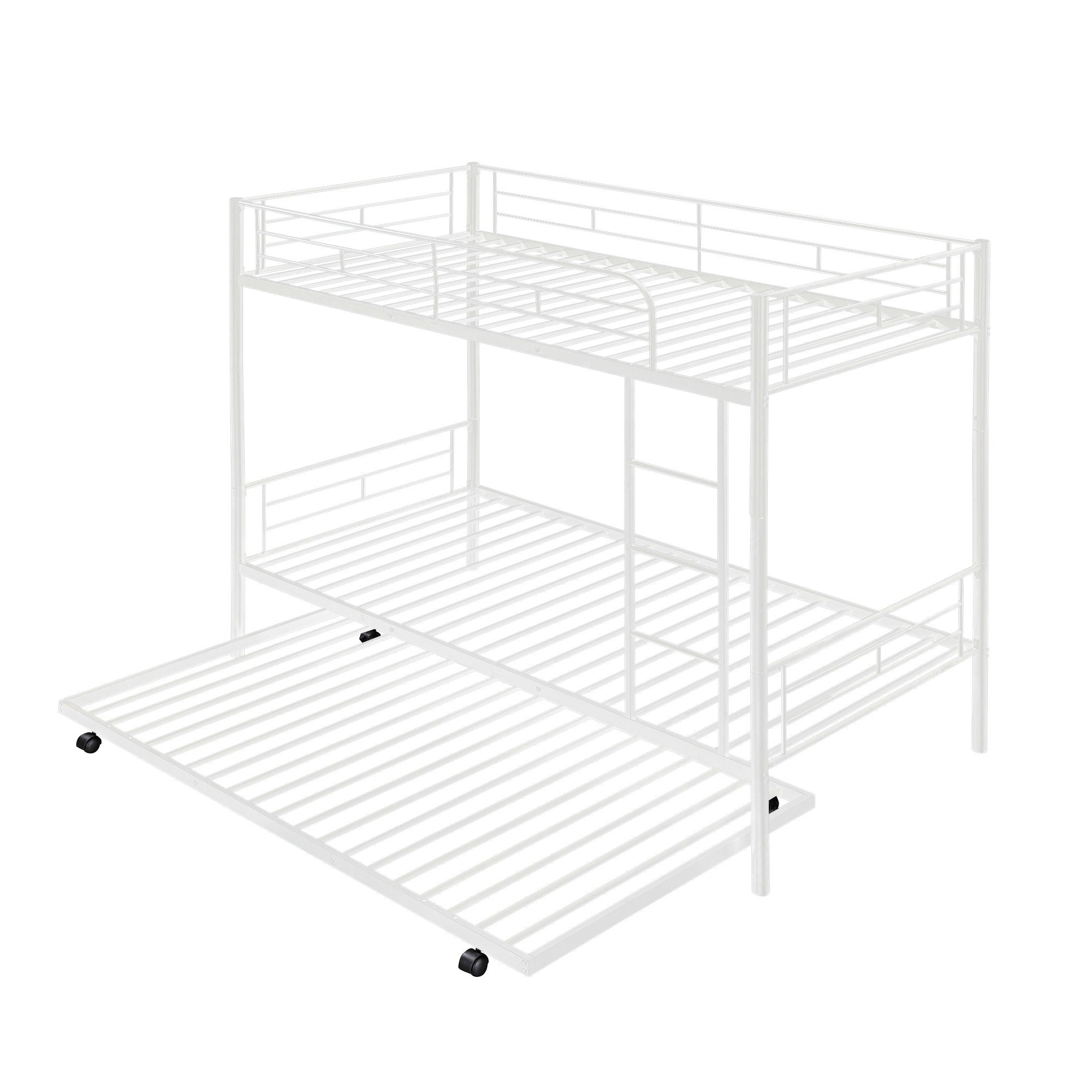 Twin Over Twin Metal Bunk Bed With Trundle, Can Be Divided Into Two Beds, No Box Spring Needed - White