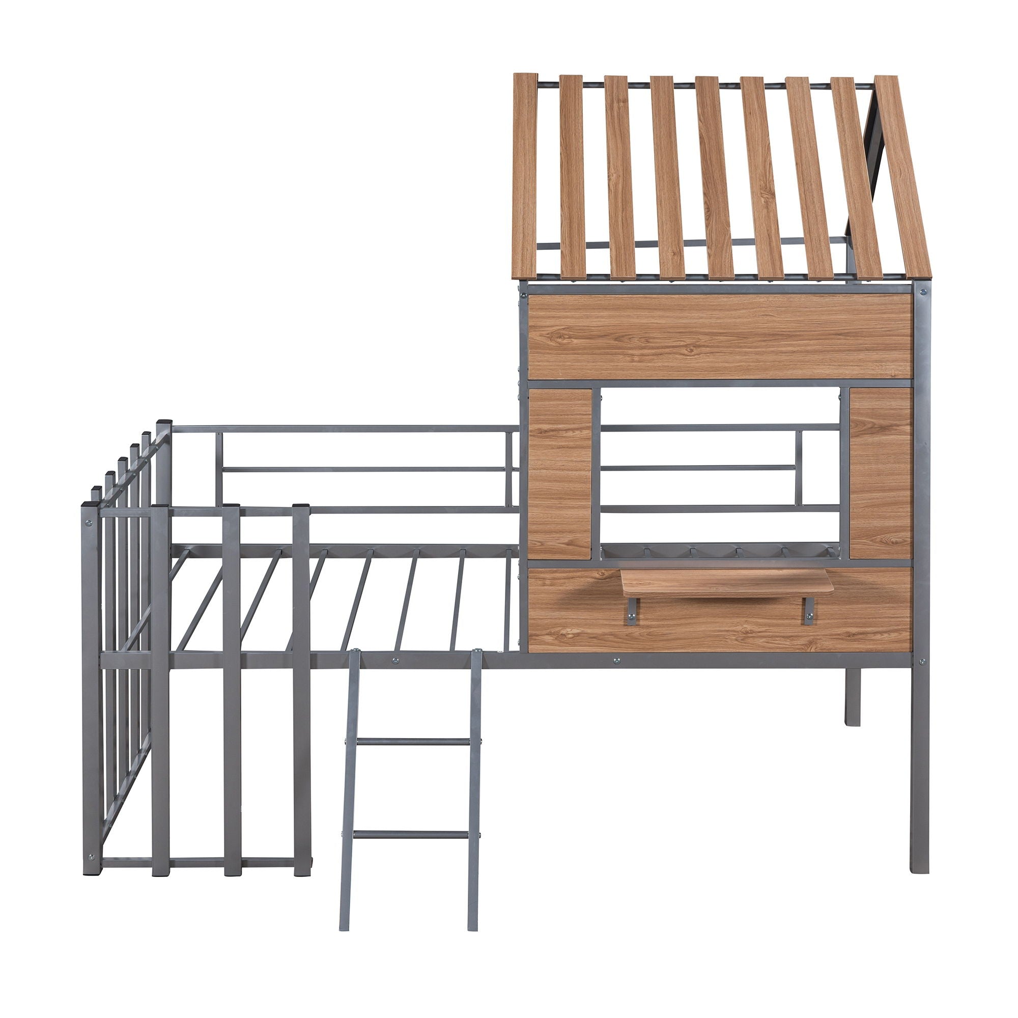 Twin Size Loft Bed With Roof, Window, Guardrail, Ladder