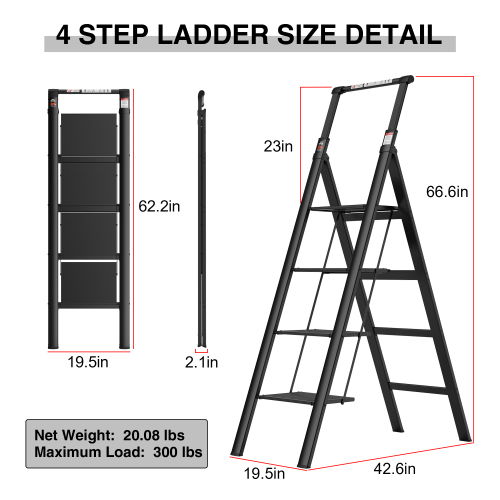 4 Step Ladder, Retractable Handgrip Folding Step Stool With Anti-Slip Wide Pedal, Aluminum Step Ladders 4 Steps, 300Lbs Safety Household Ladder - Black