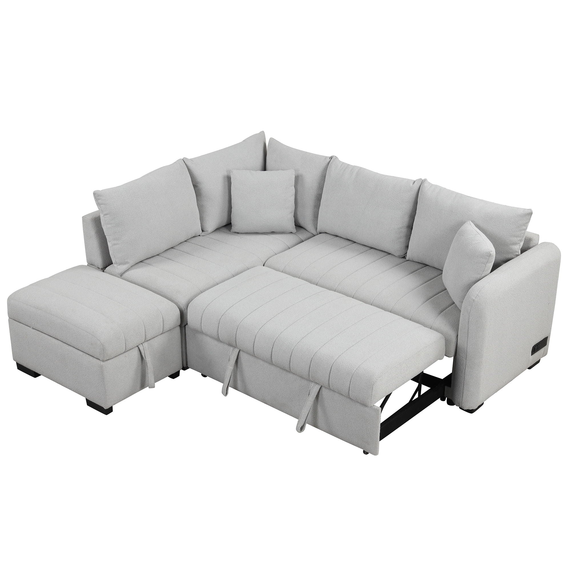 L-Shaped Sectional Pull Out Sofa Bed Sleeper Sofa With Two USB Ports, Two Power Sockets And A Movable Storage Ottoman