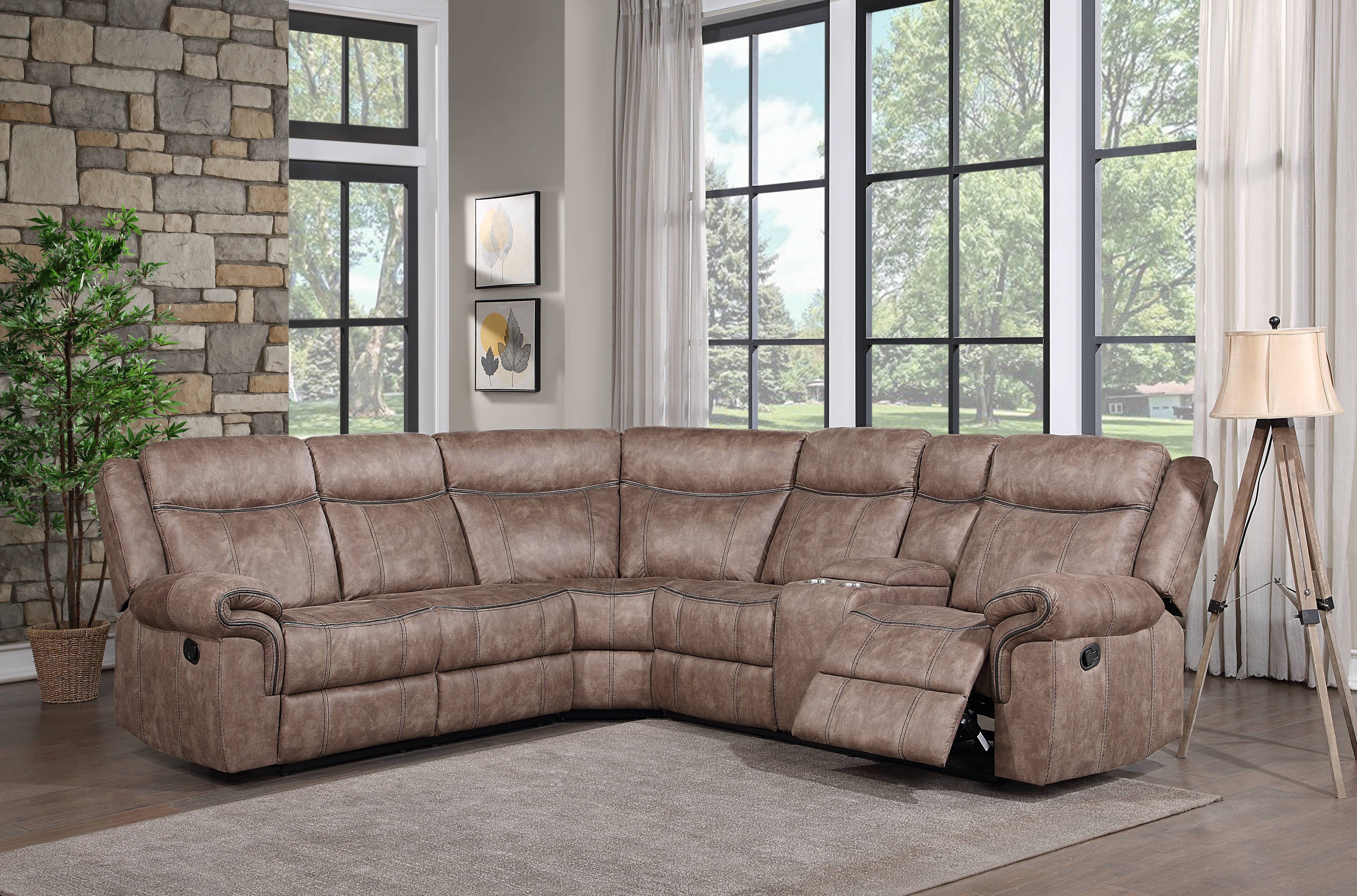 Dollum - Two Tone Nubuck Manual Recliner Sectional Sofa With USB Port Cupholder Console