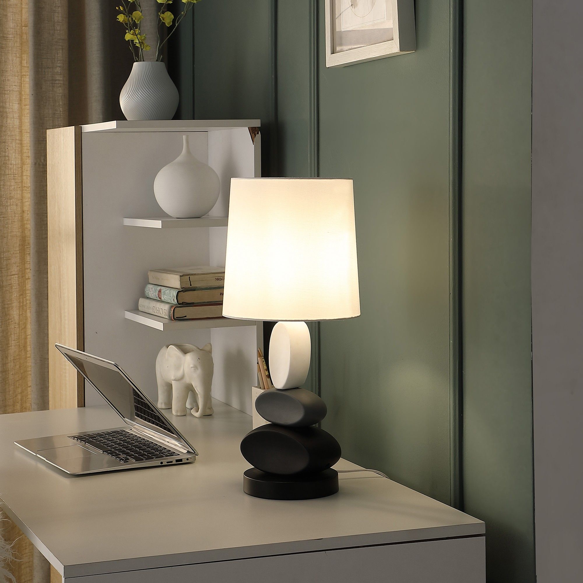 Metal Table Lamp With White Drum Shade - Black Gray / White