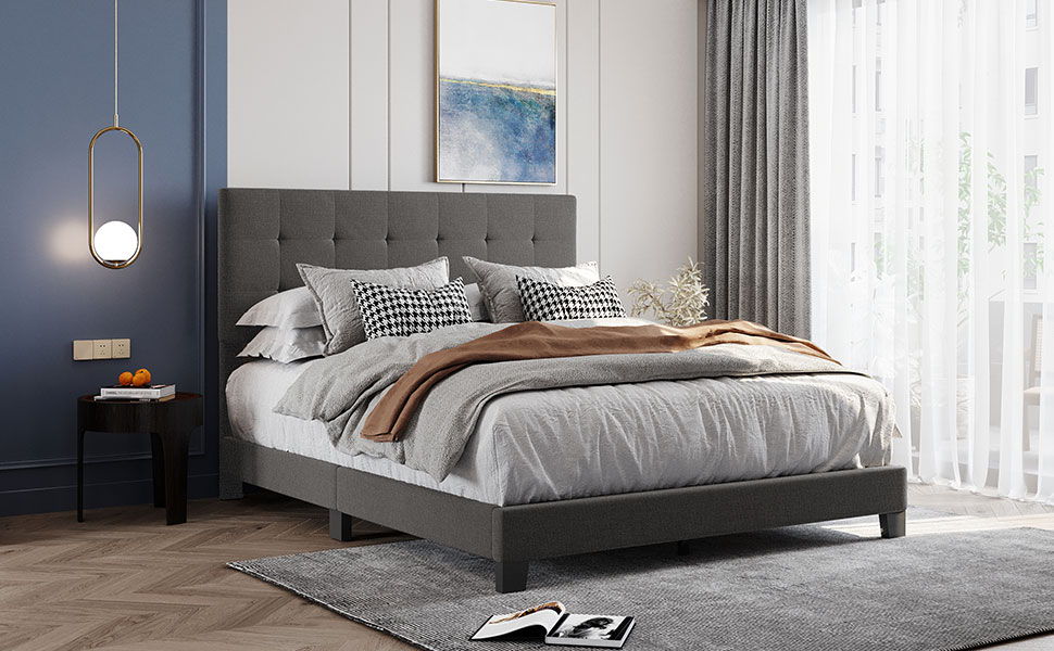 Upholstered Platform Bed With Tufted Headboard, No Box Spring Needed