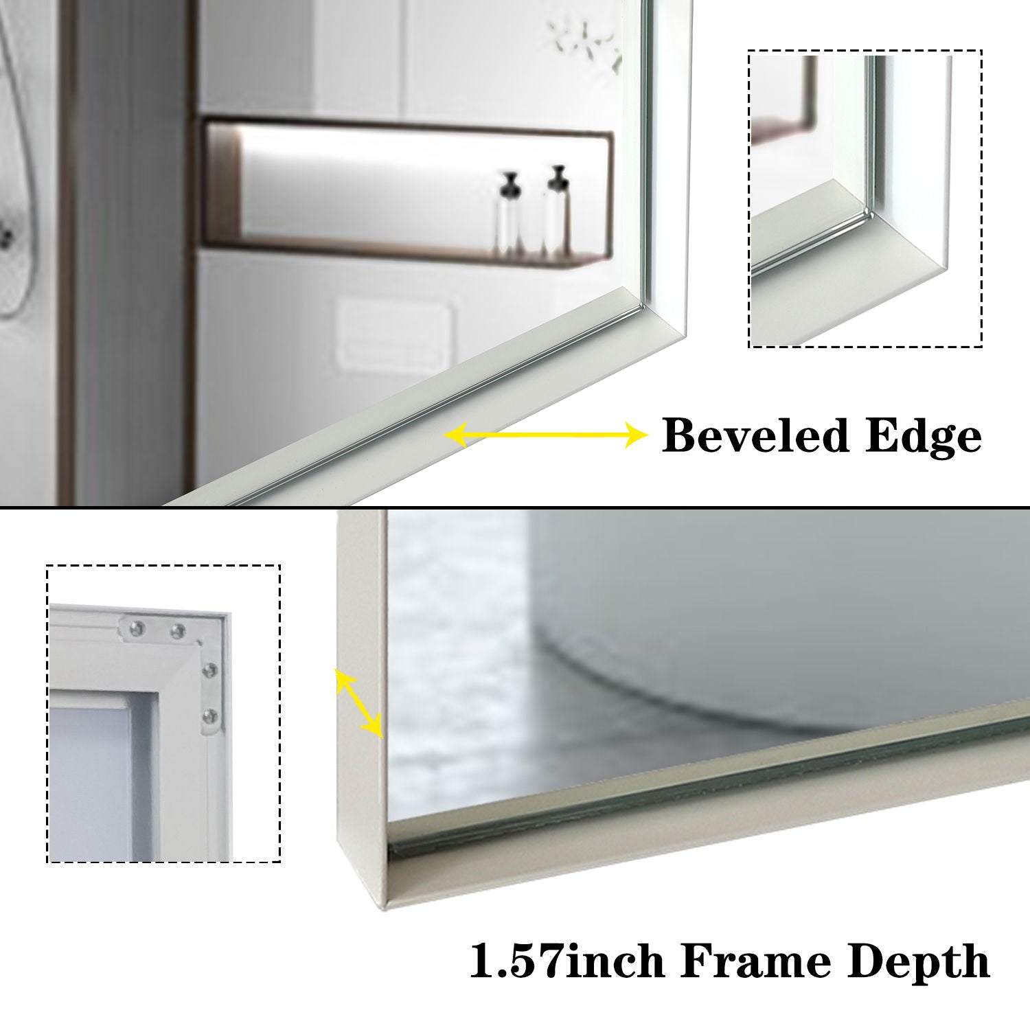 Rectangular Wall-Mounted Beveled Bathroom Mirror, Square Angle Metal Frame Wall Mounted Bathroom Mirrors For Wall (Horizontal & Vertical) - Glossy White