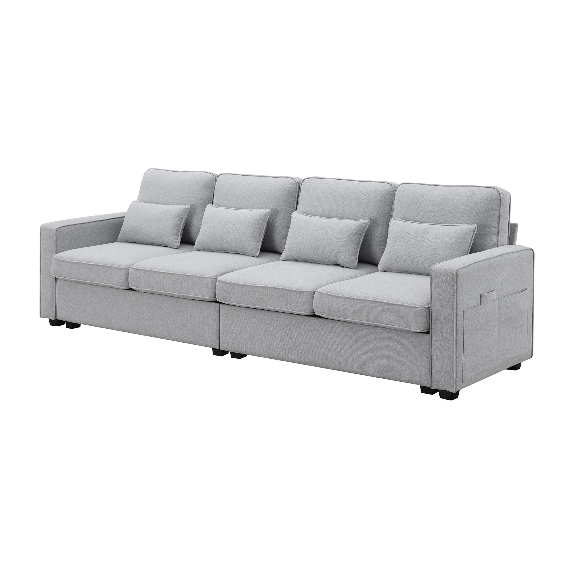 4 Seater Modern Linen Sofa With Armrest Pockets And 4 Pillows, Minimalist Style Couch For Living Room