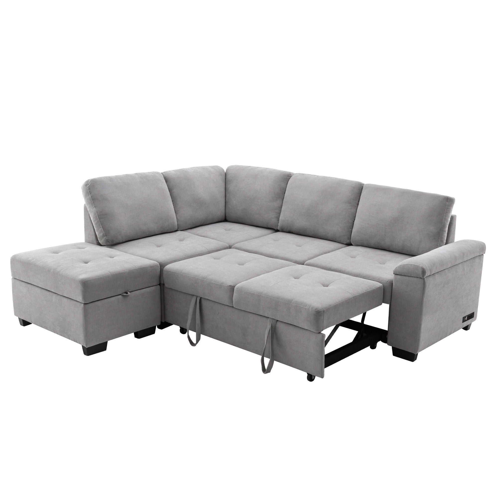 Sleeper Sectional Sofa, L-Shape Corner Couch Sofa Bed With Storage Ottoman & Hidden Arm Storage & USB Charge For Living Room Apartment