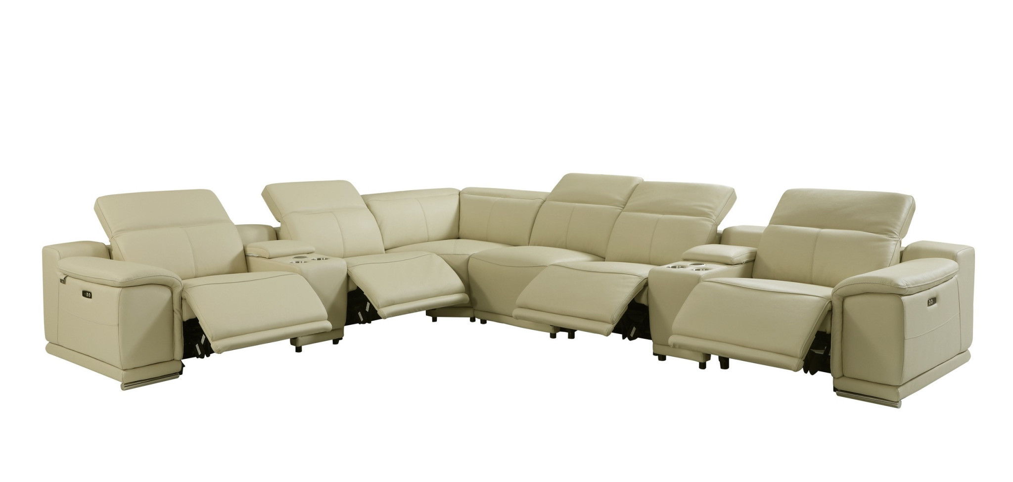 Italian Leather Power Reclining U Shaped, Eight Piece Corner Sectional With Console - Beige