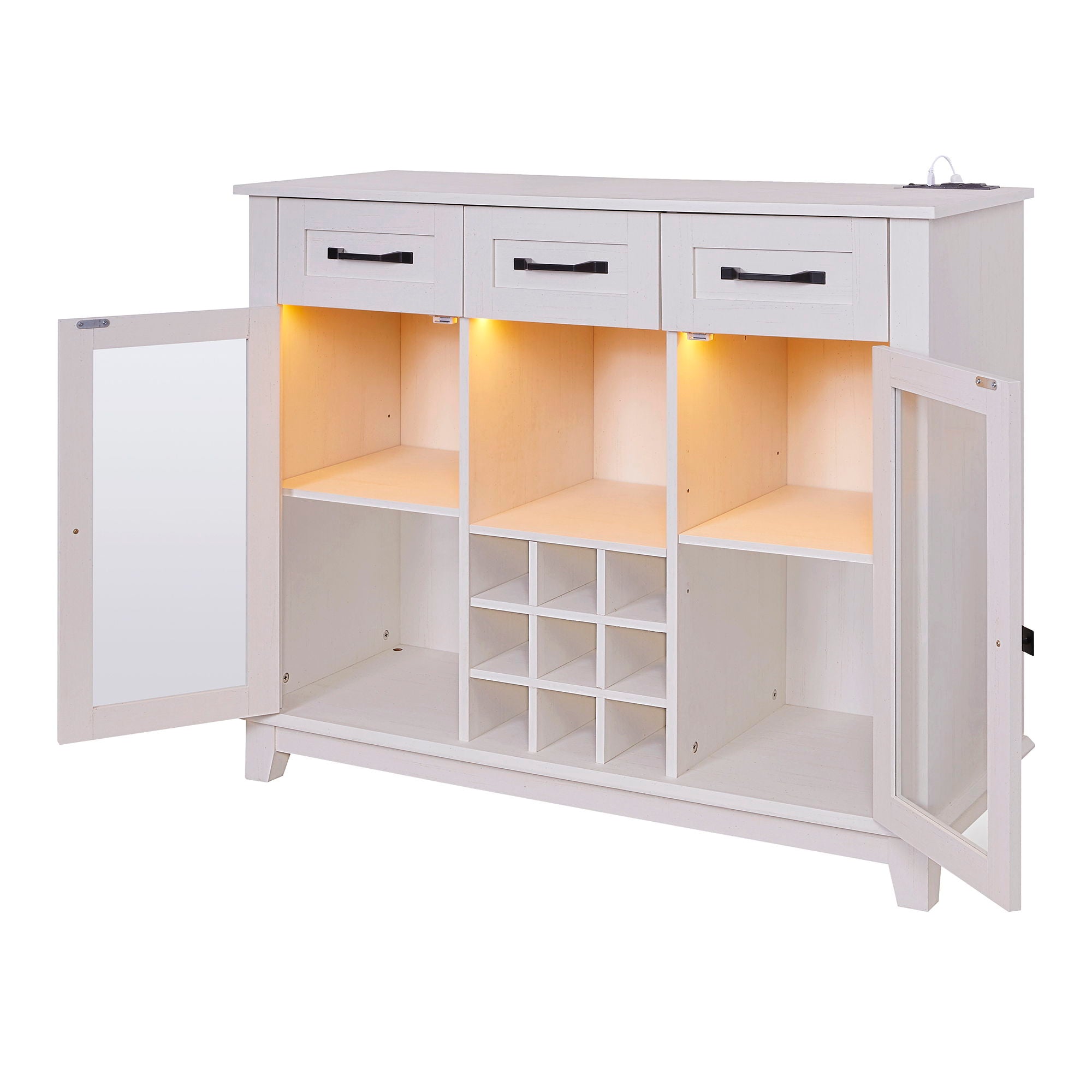 Modern Farmhouse Sideboard Buffet Coffee Bar Cabinet Storage Cabinet With LED Charging Station, Wine & Glass Rack, 3 Drawers, For Kitchen, Dining Room, Living Room - Antique White