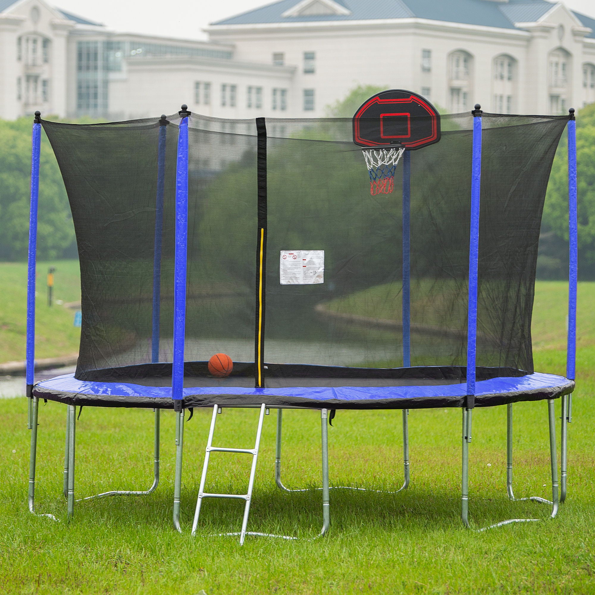 15Ft Trampoline With Basketball Hoop Inflator And Ladder (Inner Safety Enclosure)