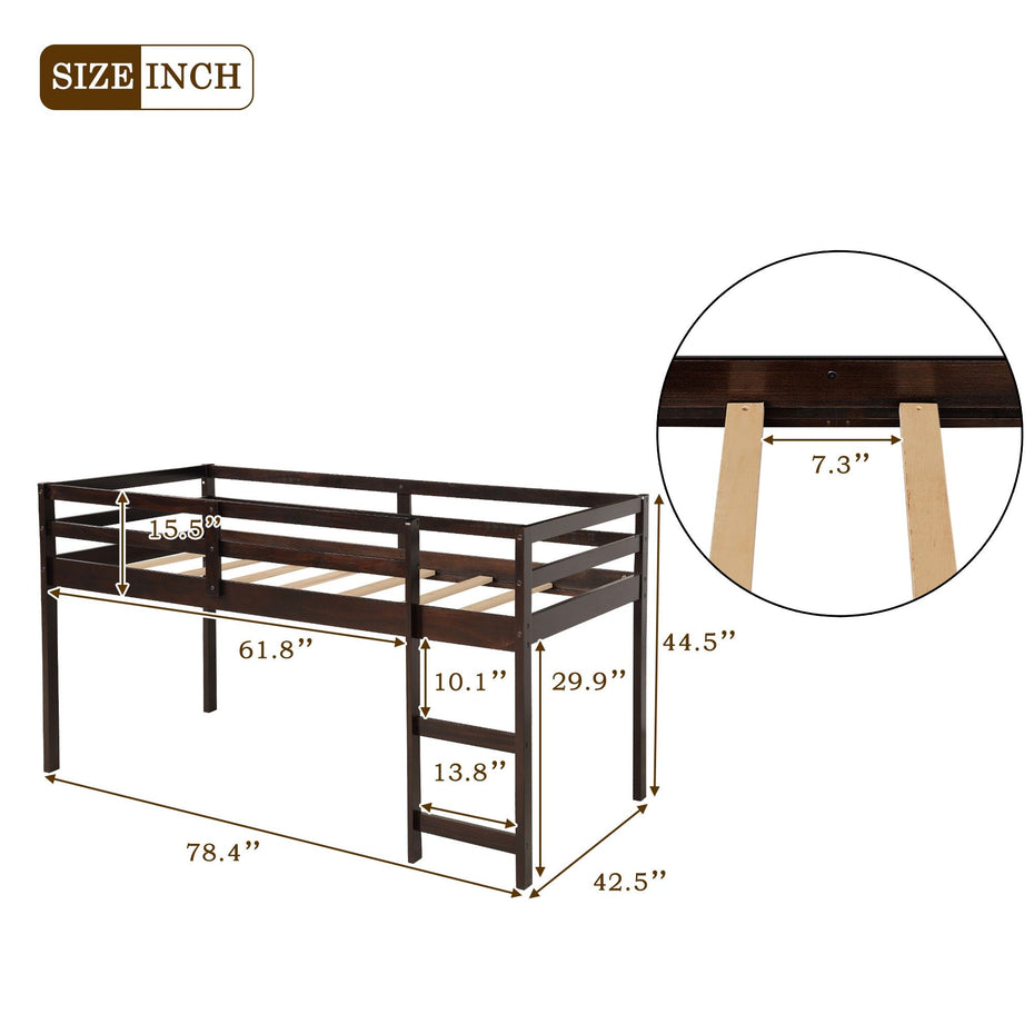 Low Twin Loft Bed With Cabinet and Desk - Brown