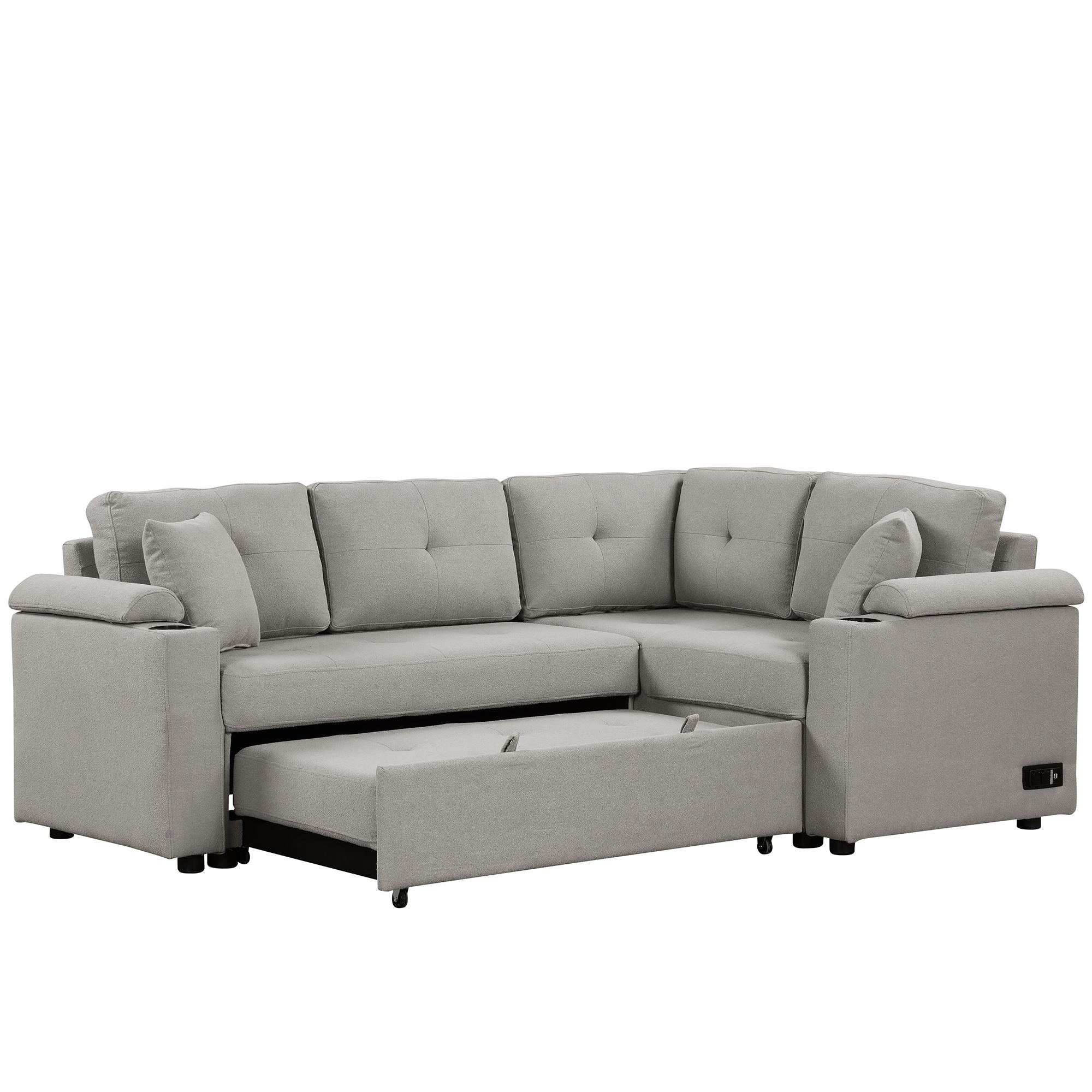 L-Shape Sofa Bed Pull-Out Sleeper Sofa With Wheels, USB Ports, Power Sockets For Living Room