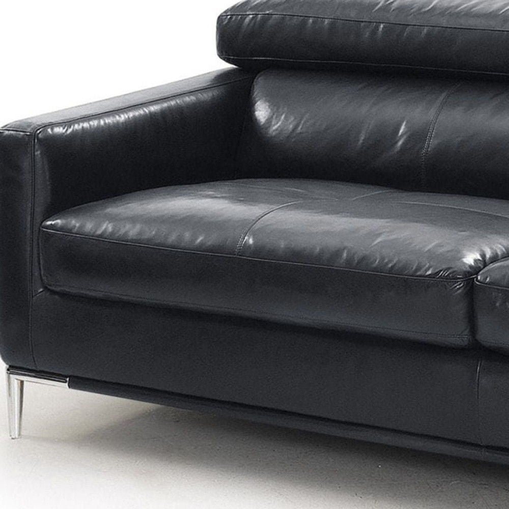 Genuine Leather Sofa With Silver Legs - Black