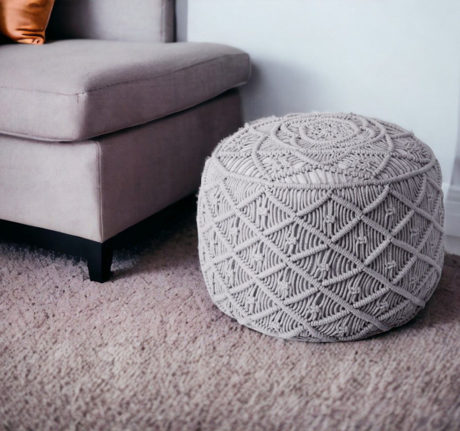 Cotton Blend Round Floral Pouf Ottoman - Light Gray