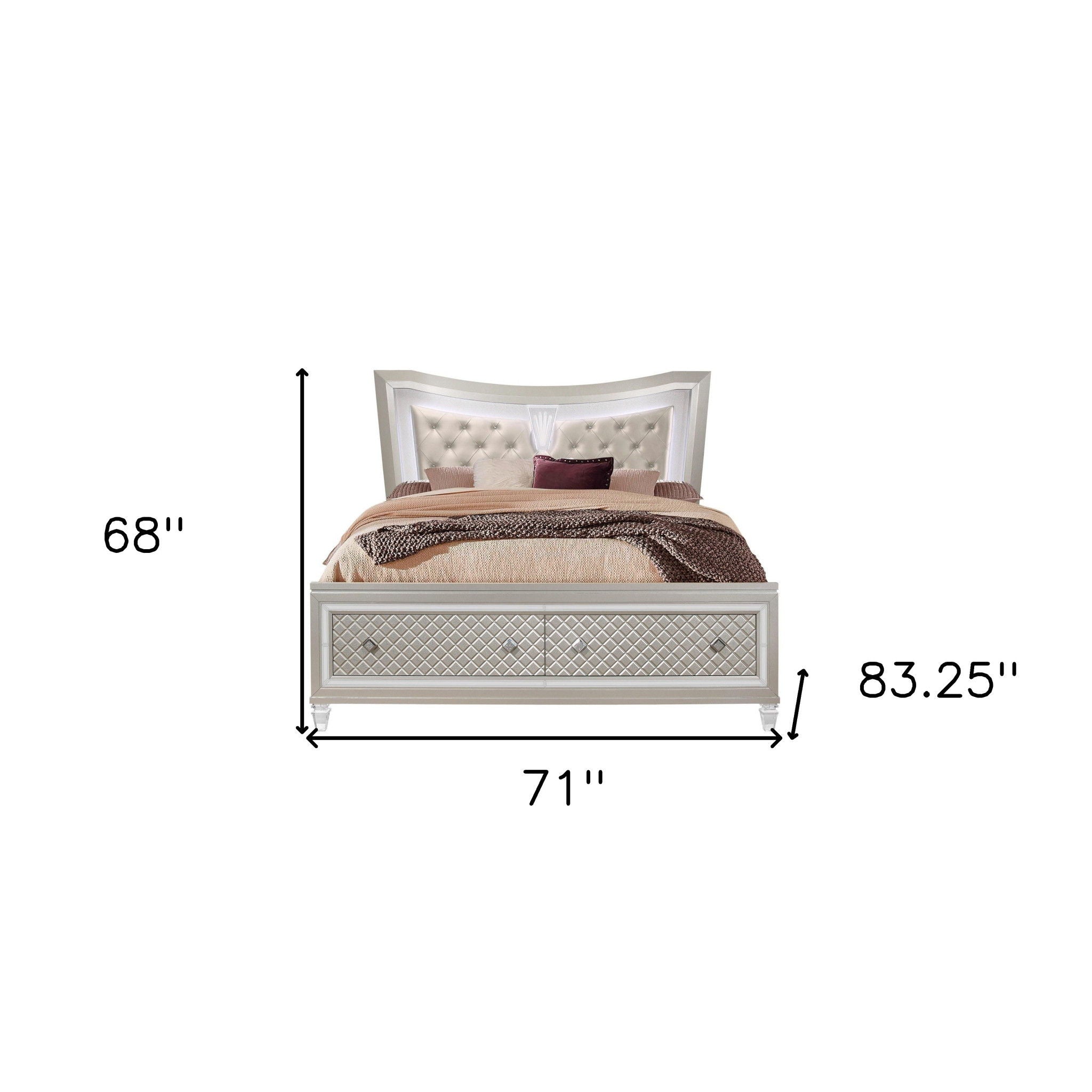 Queen Bed With Padded Headboard Led Lightning 2 Drawer - Champagne Tone