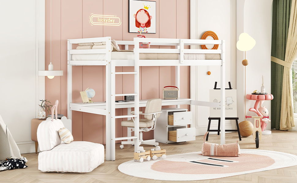 Loft Wood Bed With Under-Bed, Built-In Desk, A Storage Cabinet Of 2 Drawers, Guardrails, Ladder