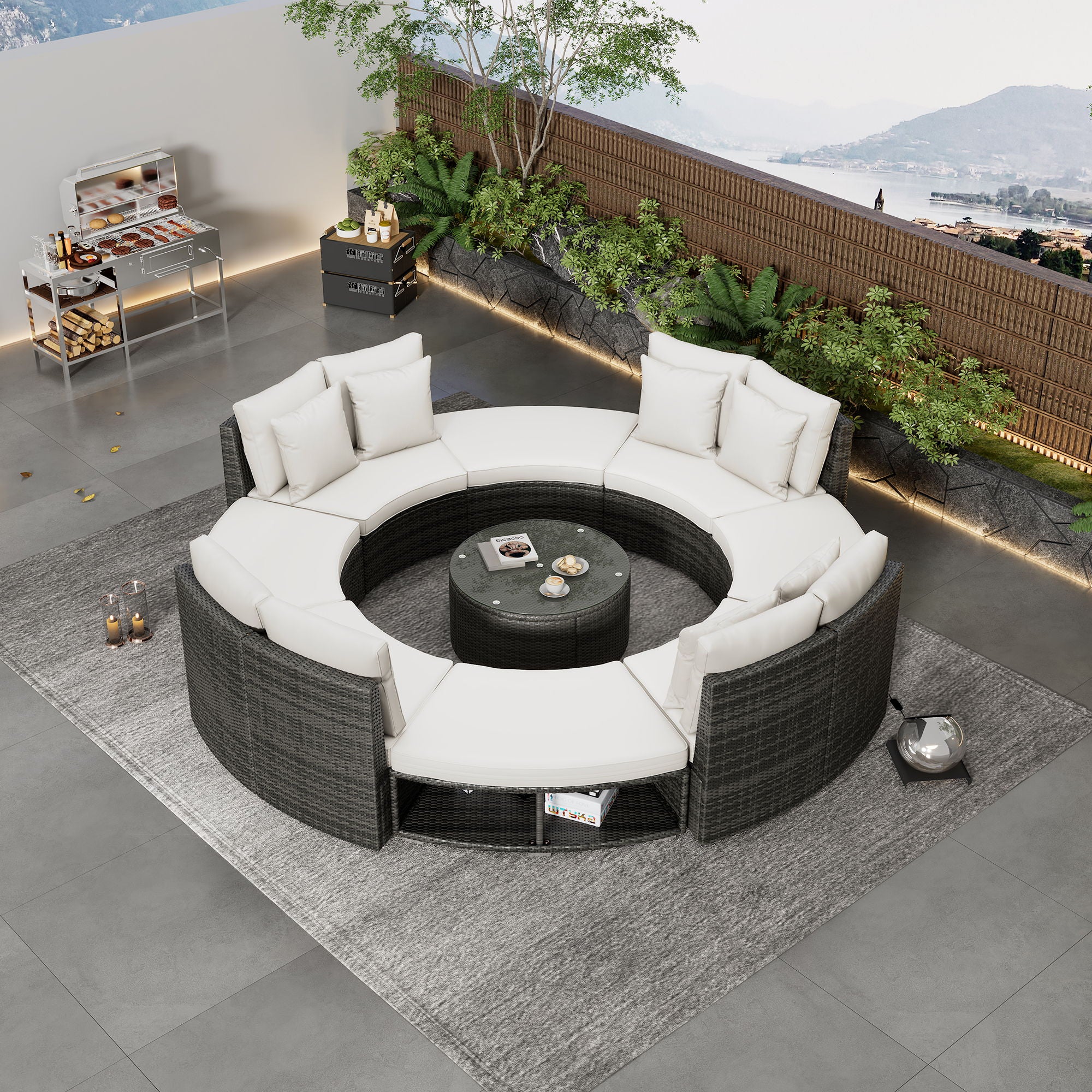 Outdoor Patio Furniture Luxury Circular Sofa Set Rattan Wicker Sectional Sofa Lounge Set With Tempered Glass Coffee Table, 6 Pillows