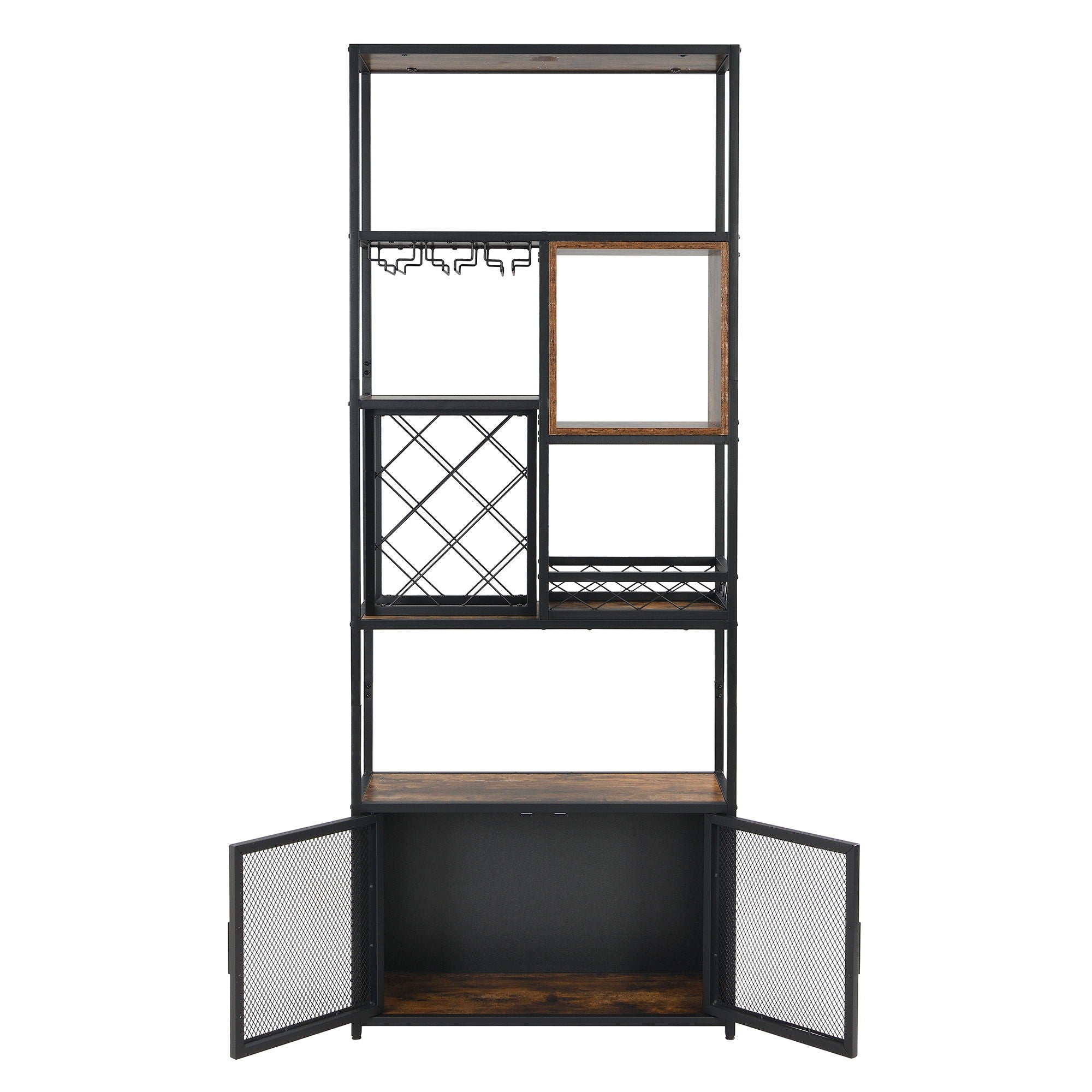 Industrial Tall Black Bar Wine Rack Cabinet With Glass Holder Wood Home Bar Cabinet - Walnut / Black