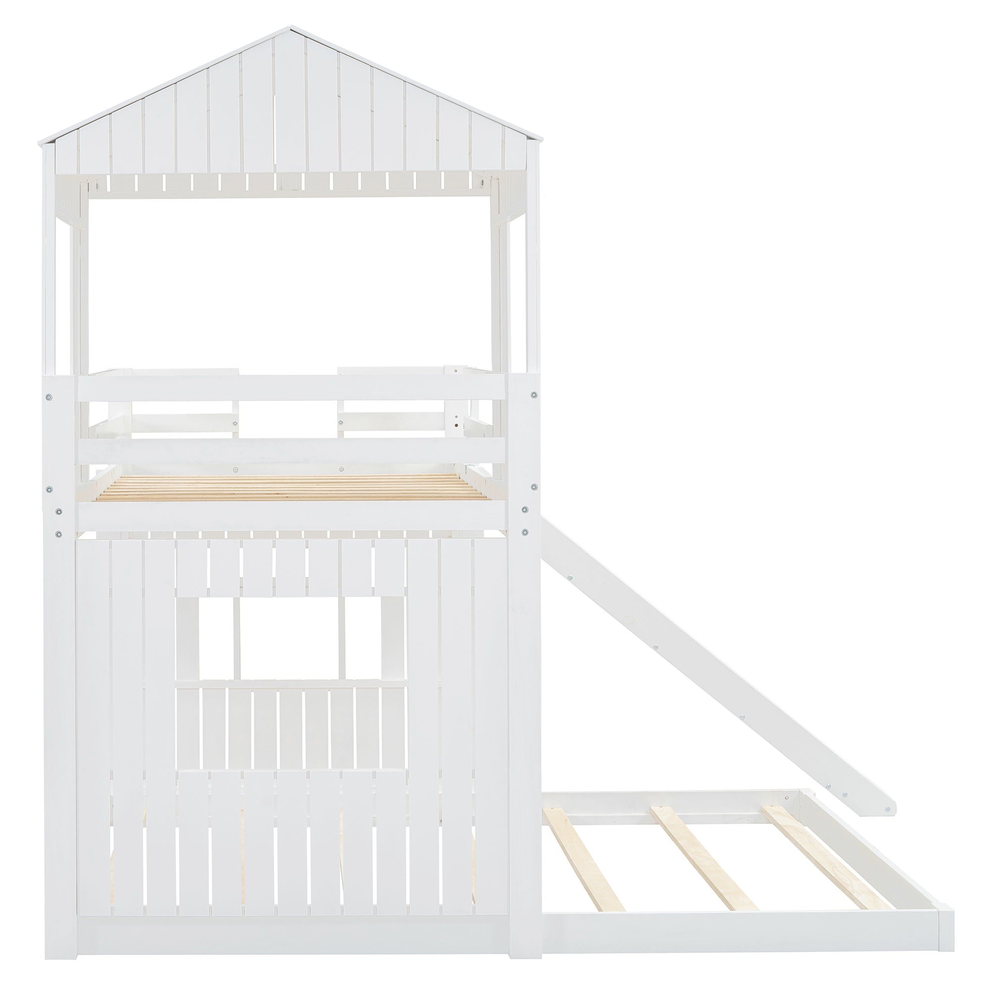 Wooden Twin Over Full Bunk Bed, Loft Bed With Playhouse, Farmhouse, Ladder, Slide And Guardrails - White