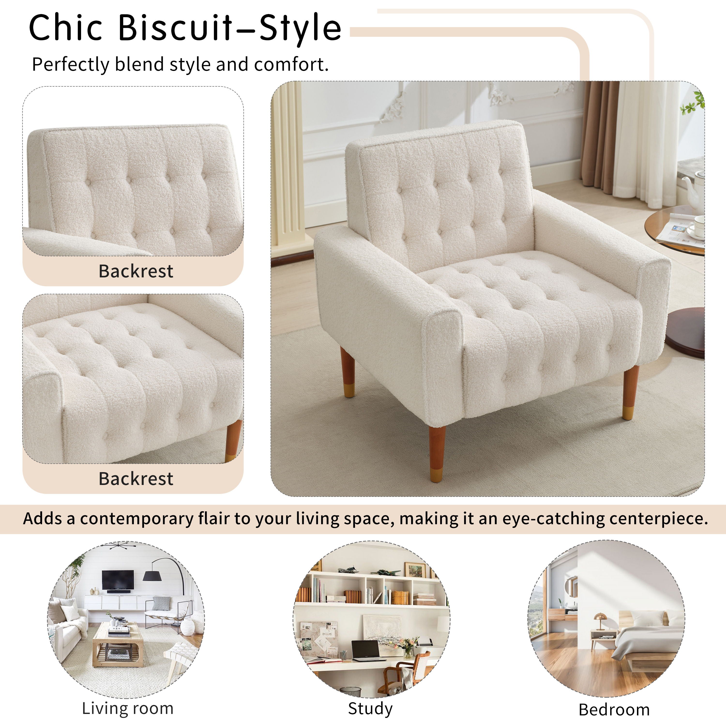 Classic Biscuit Style Accent Chair Comfortable Armrests, Soft Fabric, Elegant Solid Wood Legs With Gold Finish - Beige