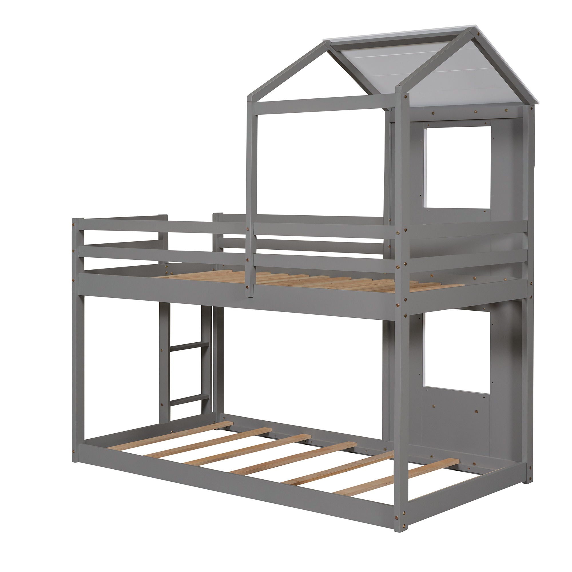 Twin Over Twin Bunk Bed Wood Bed & Roof, Window, Guardrail, Ladder