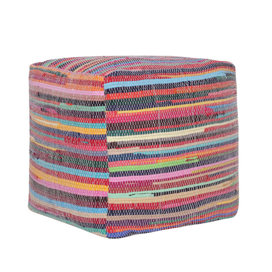 Cotton Cube Striped Pouf Ottoman - Red