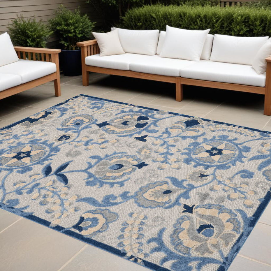 9' X 12' Toile Non Skid Indoor / Outdoor Area Rug - Blue / Gray