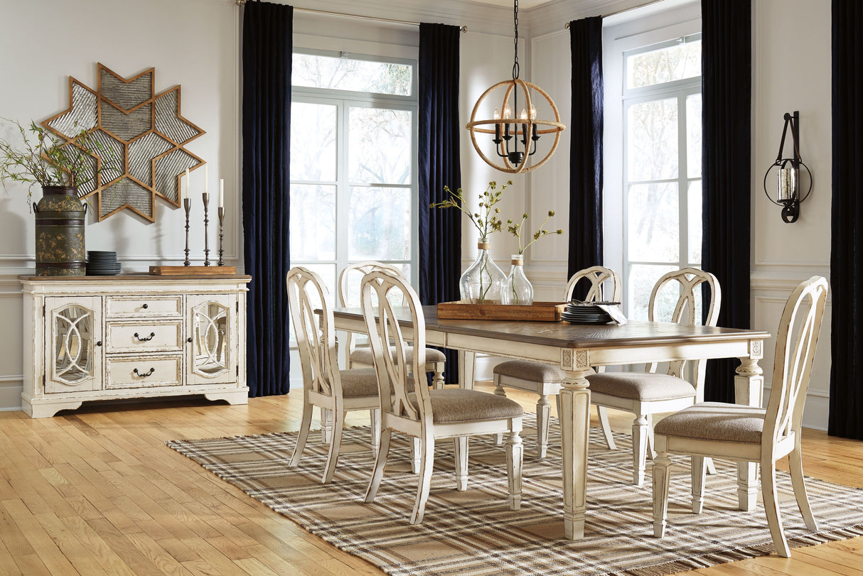 Realyn - Rectangular Dining Table Set White 7 Pc. - Rectangular Dining Room Extension Table, 6 Ribbon Backed Side Chairs by Signature Design by Ashley® | Bel Furniture