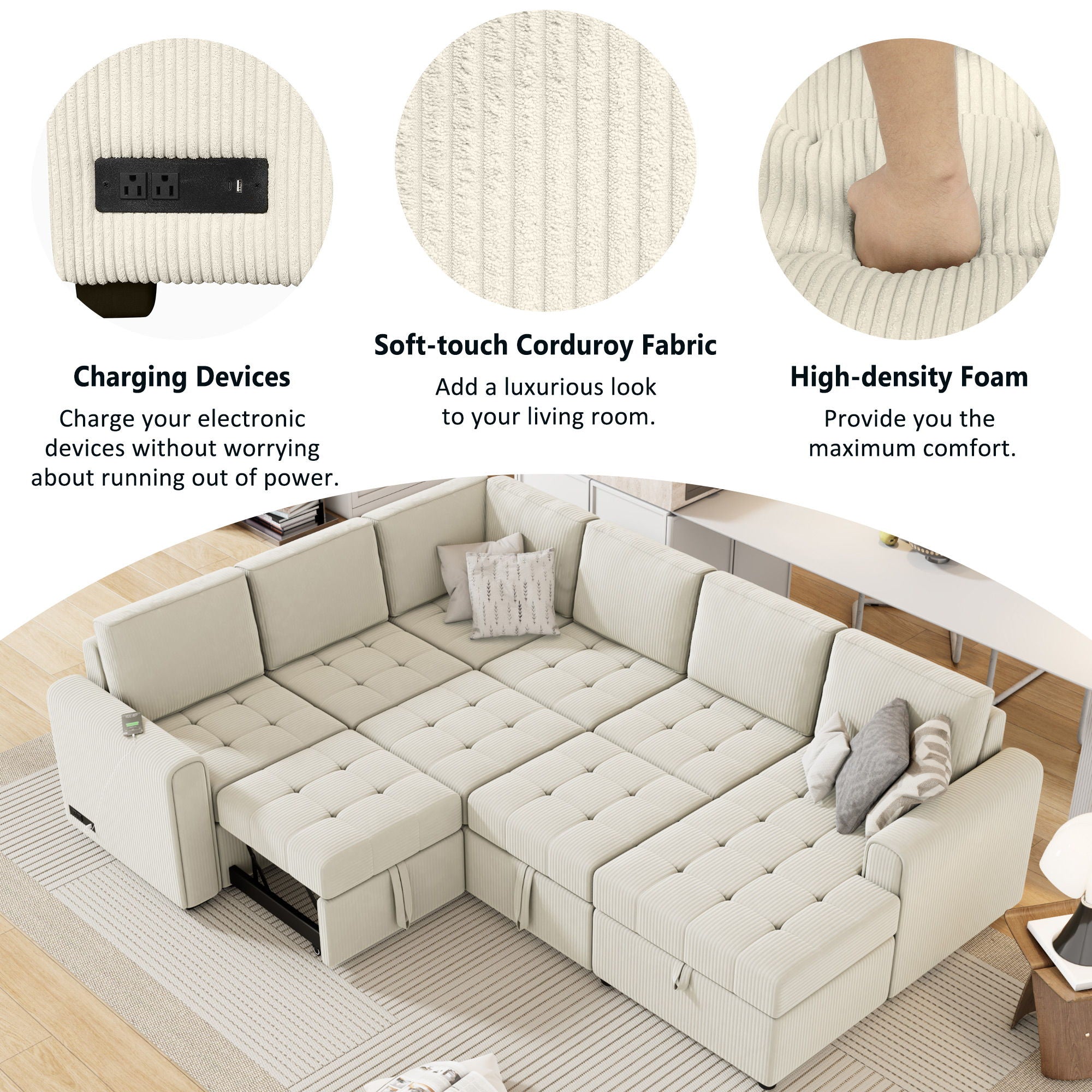 U-Shaped Sofa Sectional Sofa Pull-Out Sofa Bed With A Storage Chaise Lounge, Charging Devices For Living Room