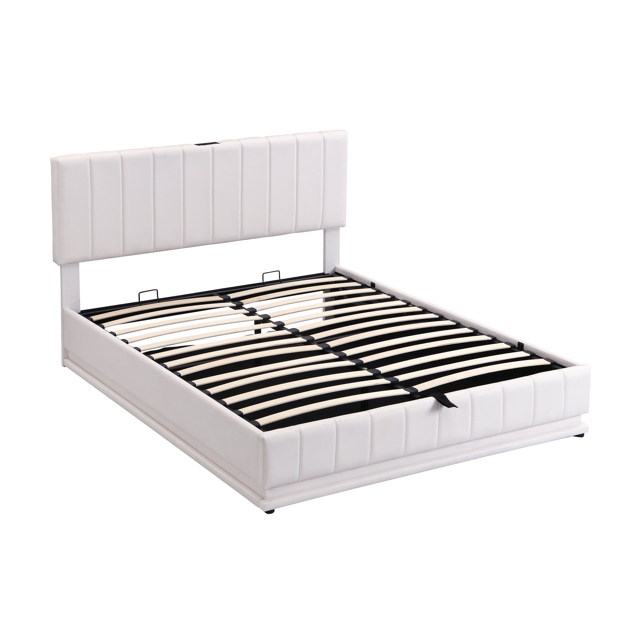 Queen Size Upholstered Bed With Hydraulic Storage System And LED Light, Modern Platform Bed With Sockets And USB Ports