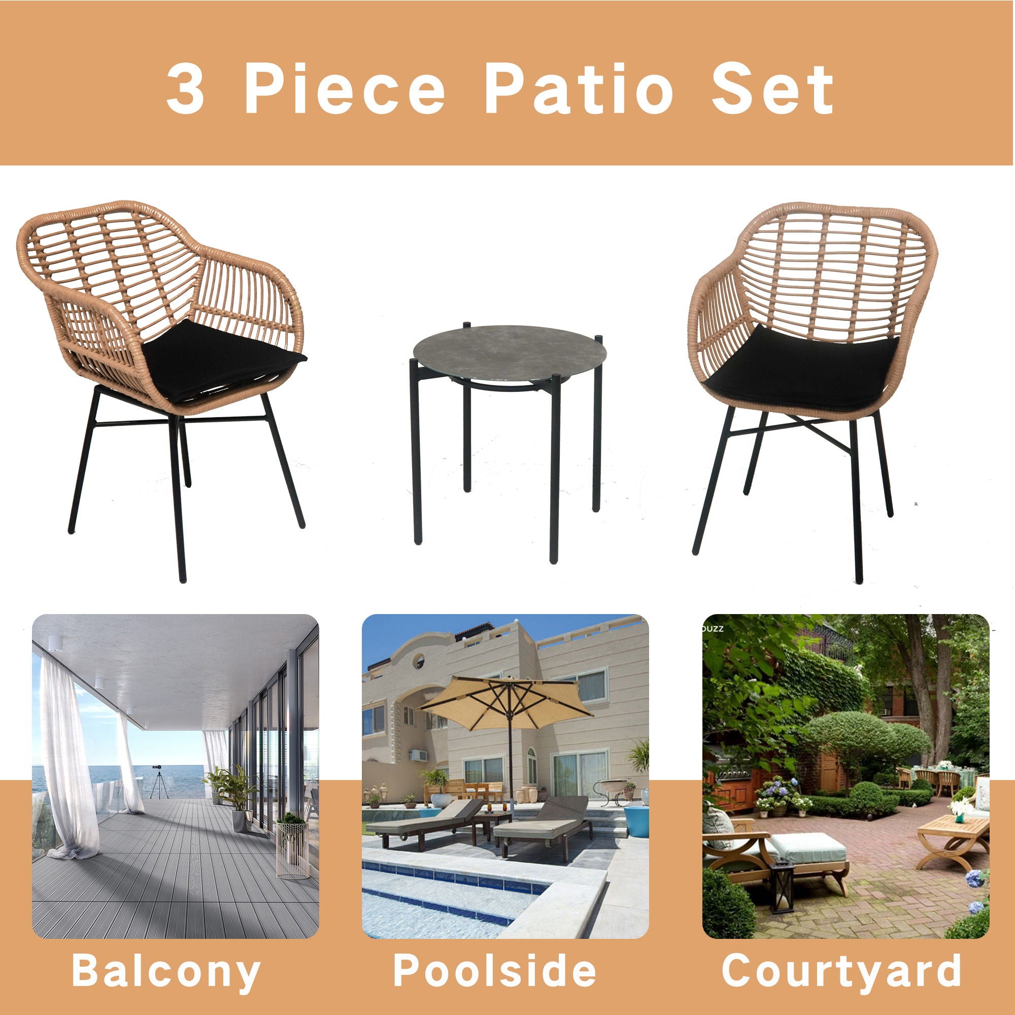 3 Pieces Of Luxury Outdoor Wicker Furniture, Patio Bistro Style Table And Chair Combination, Weather Resistant PE Wicker Weave, Suitable For Garden - Black / Natural