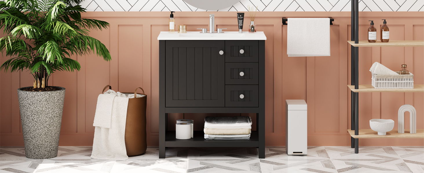 Transitional Style Bathroom Vanity Cabinet Combo With Ceramic Sink