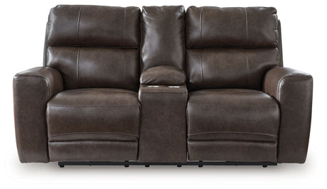 Crossplex - Smoke - Power Recline Loveseat / Console / Adjustable Headrest by Signature Design by Ashley® | Bel Furniture