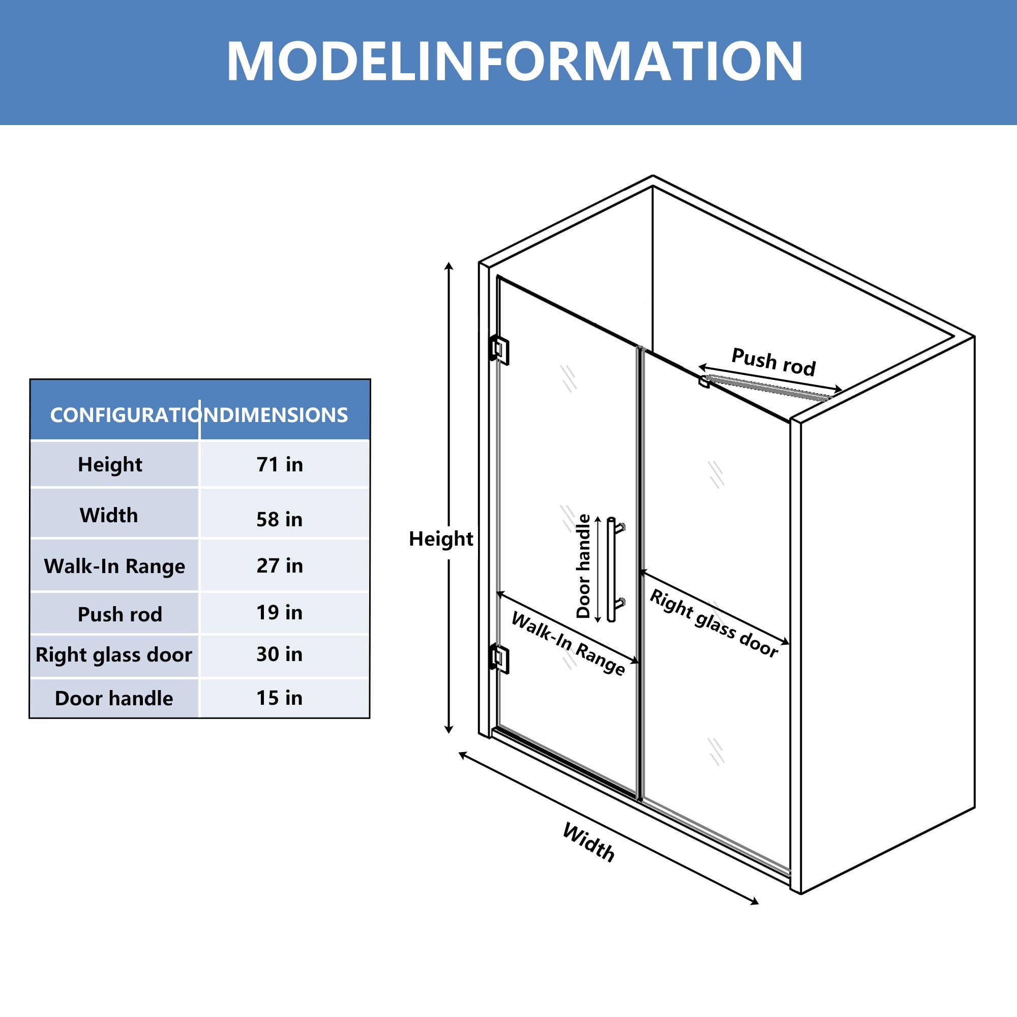 Semi-Frameless Double Hinges Shower Door In Matte , Tempered Glass, Reversible Installation - Black