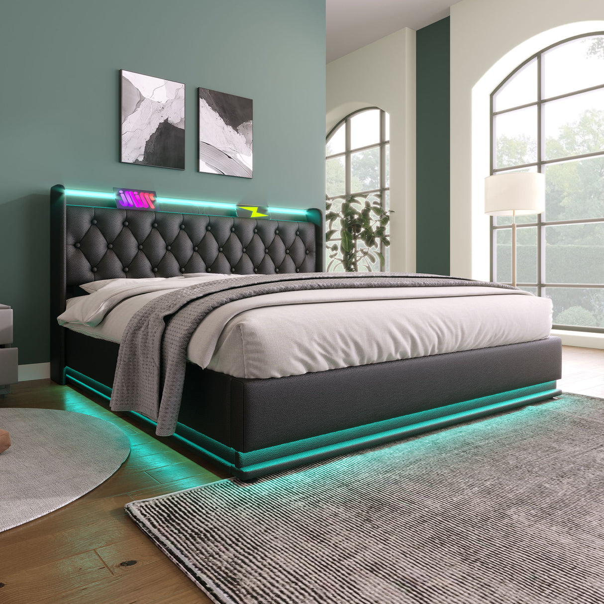 Upholstered Bed, 360 Surround LED Function, Remote Control, Hydraulic Storage Bed With USB, Type-C Charging (Without Mattress)