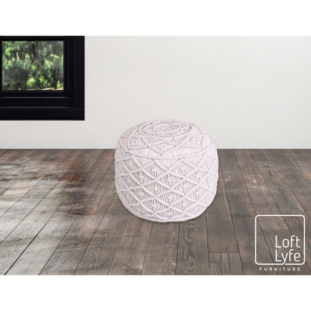 Cotton Blend Round Floral Pouf Ottoman - White