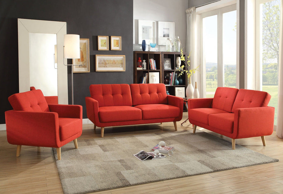 Linen Sofa With Wood Brown Legs - Red