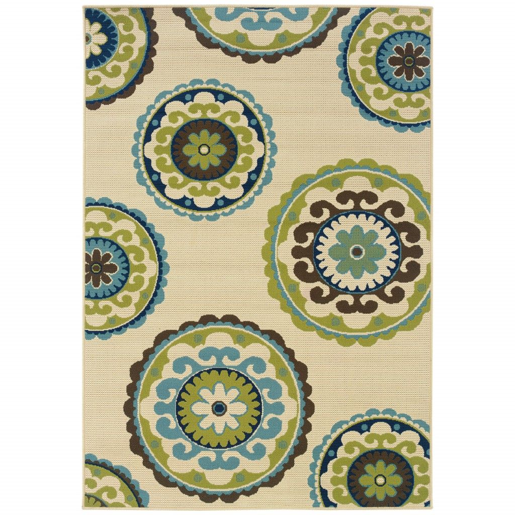 7' X 10' Floral Outdoor & Indoor Area Rug - Green / Ivory