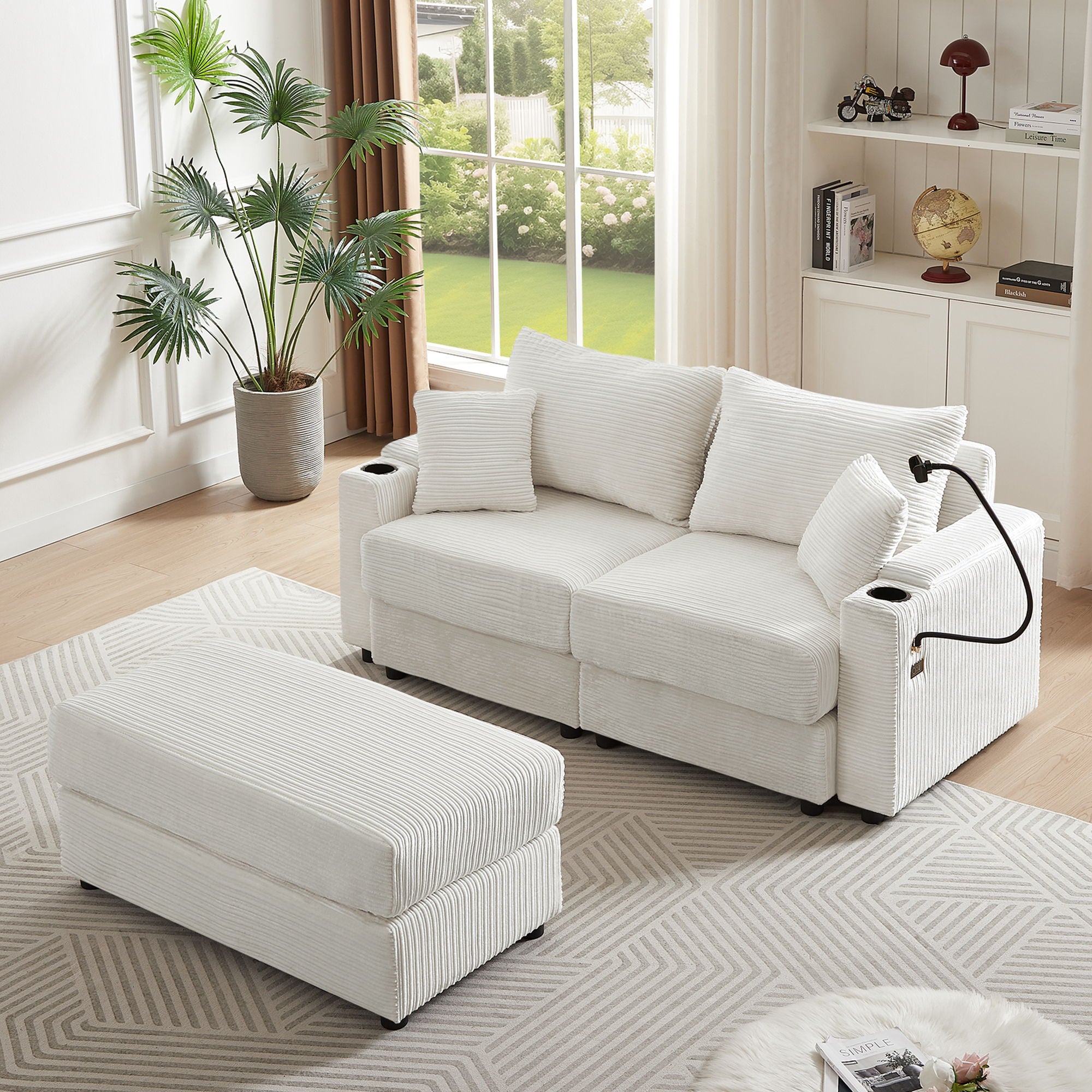 Modern Style Loveseat Sofa Sectional Sofa Couch With Storage Space, A Movable Ottoman, Two USB Ports, Two Cup Holders, A Phone Holder For Living Room