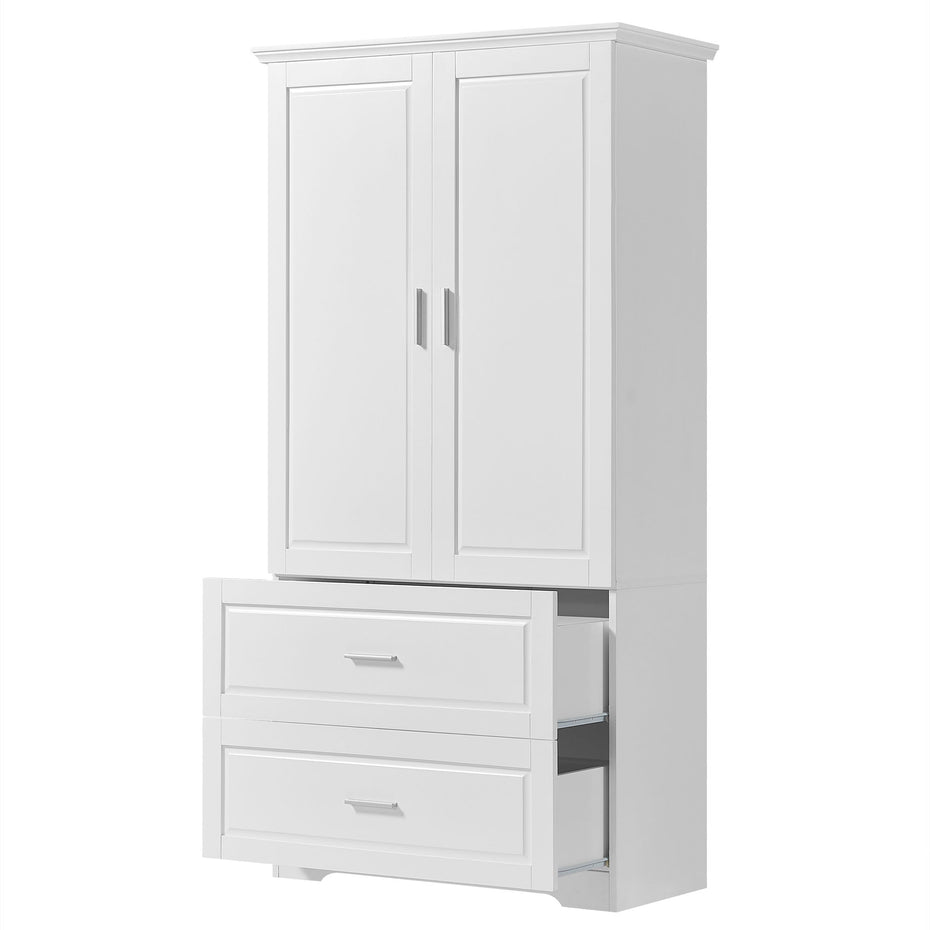 Tall Bathroom Storage Cabinet, With Two Doors And Drawers, Adjustable Shelf, MDF Board - White