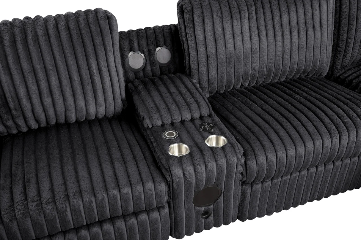 Amelia Onyx Corduroy Fabric Power Reclining Sectional with Storage Console & Bluetooth Speakers
