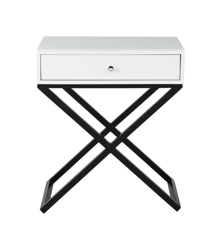 Koda - Wooden End Side Table Nightstand With Glass Top, Drawer And Metal Cross Base by Lilola Home | Bel Furniture