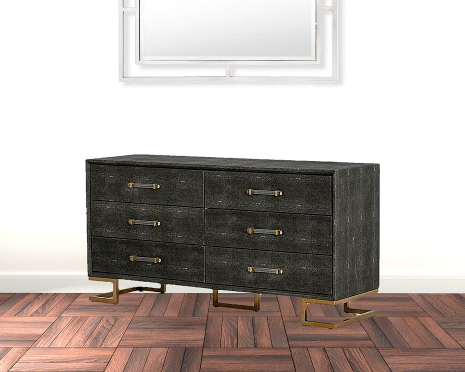 Faux Leather And Gold Six Drawer Double Dresser - Gray Shagreen