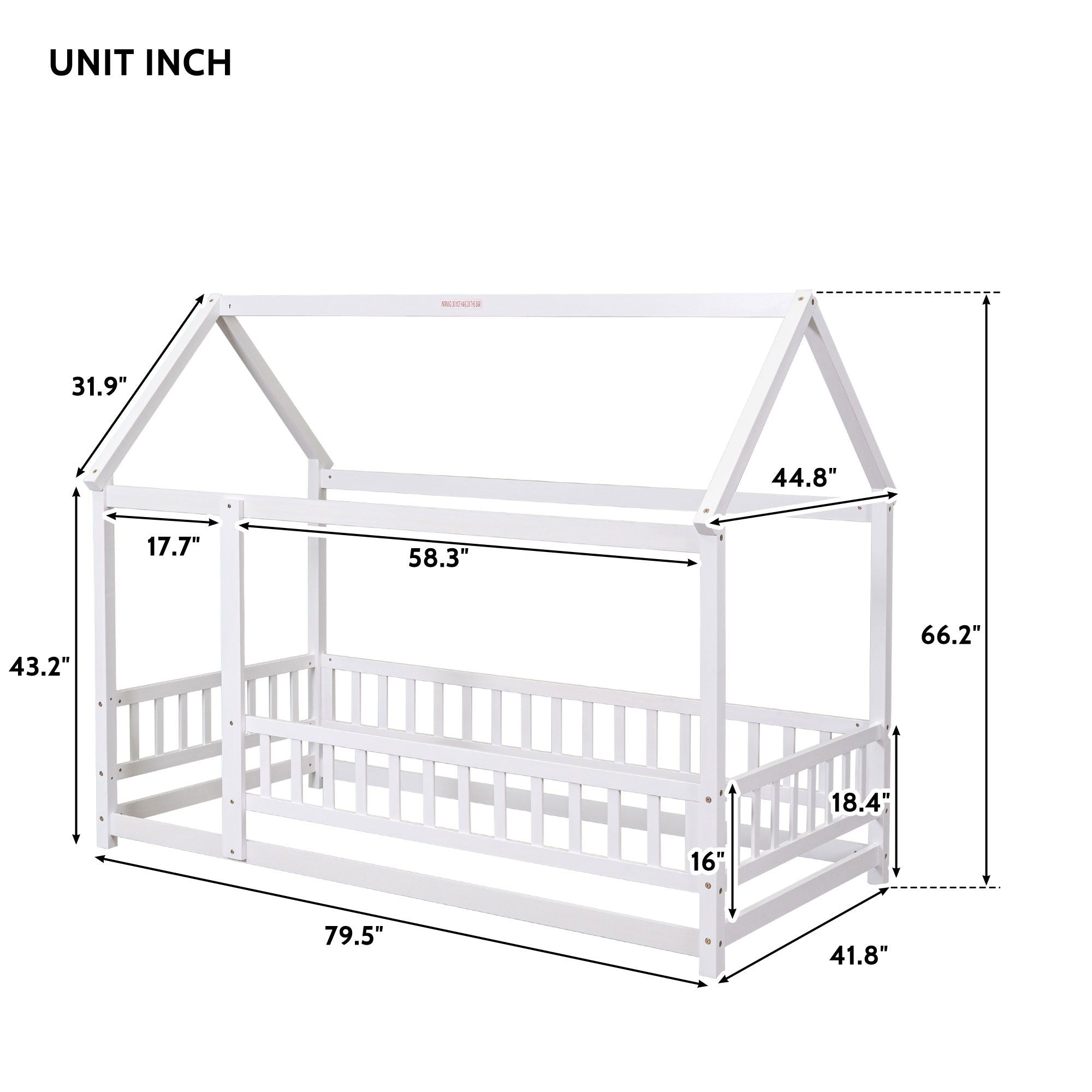 Floor Wooden Bed With House Roof Frame, Fence Guardrails