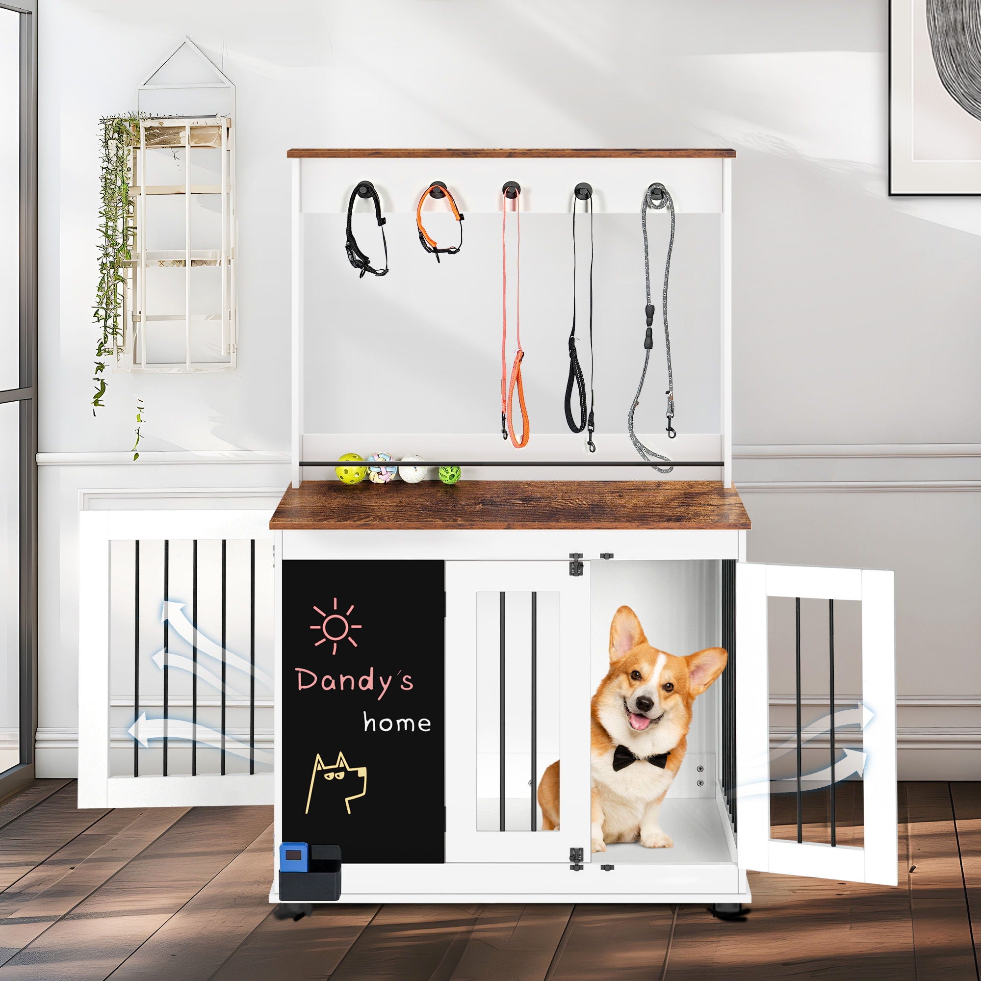 Dog Crate, Graffiti Dog Cage, Kennel With Double Doors, Crate Interior Furniture, Heavy Wooden Dog Cage, Large Dog - White