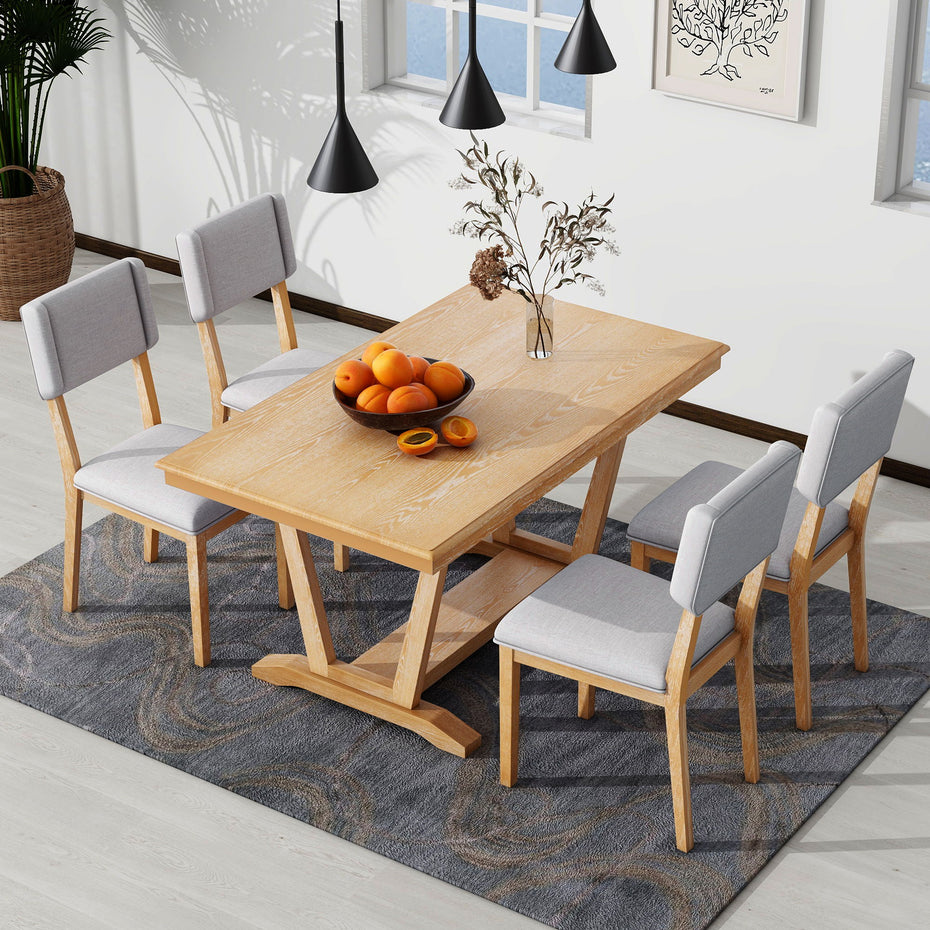 Topmax - 5 Piece Rustic Dining Table Set With 4 Upholstered Chairs, Rectangular Dining Table With Trestle Table Base