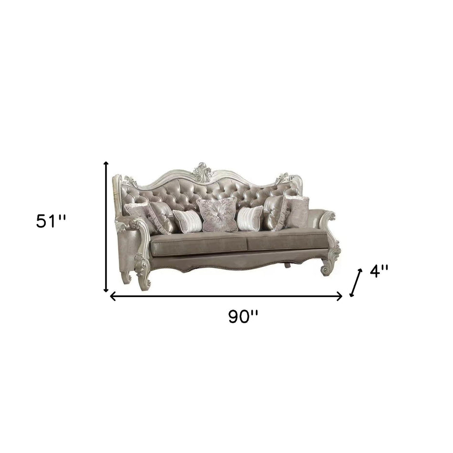 Faux Leather Sofa And Toss Pillows With Bone Legs - Gray