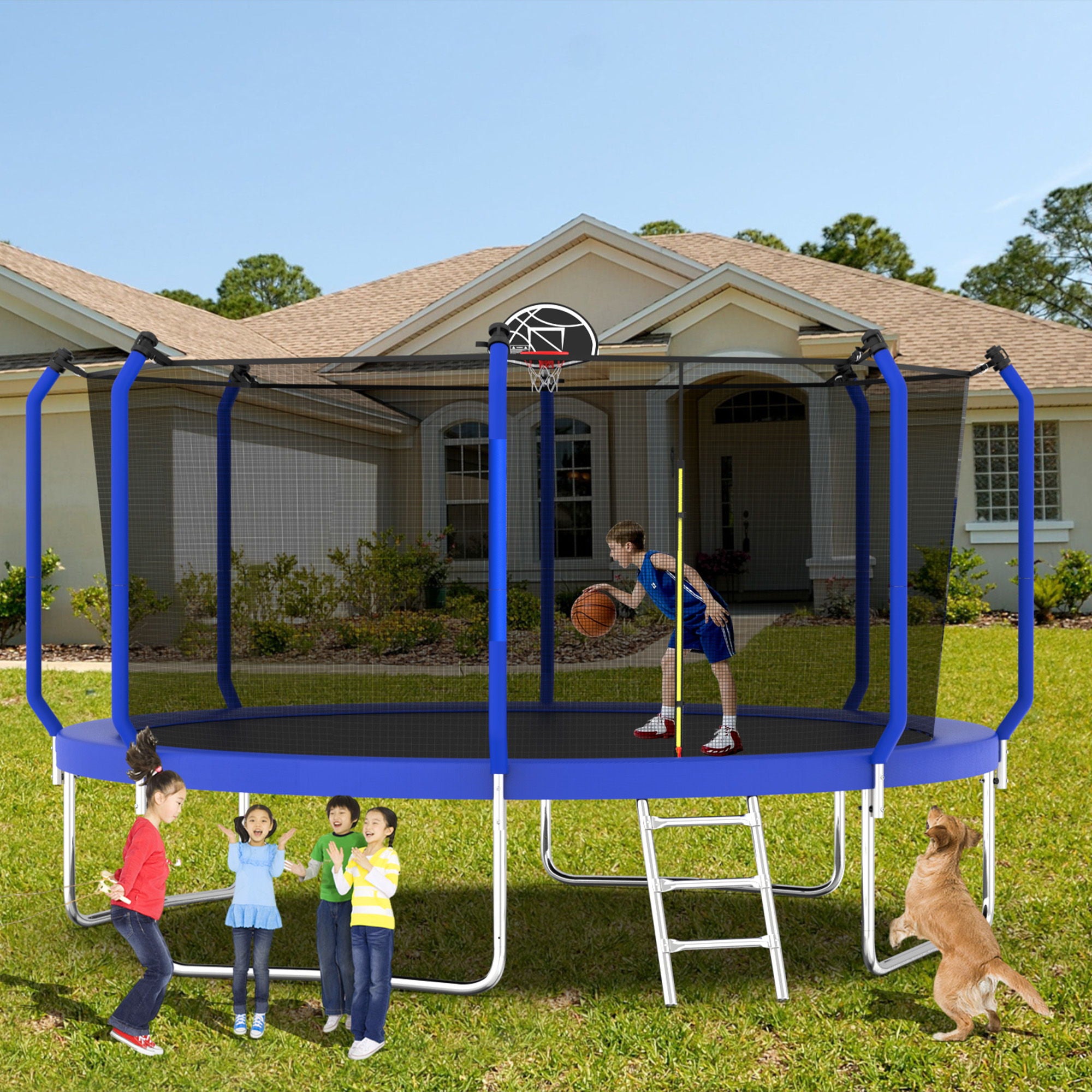 Trampoline With Basketball Hoop, Astm Approved Reinforced Type Outdoor Trampoline With Enclosure Net