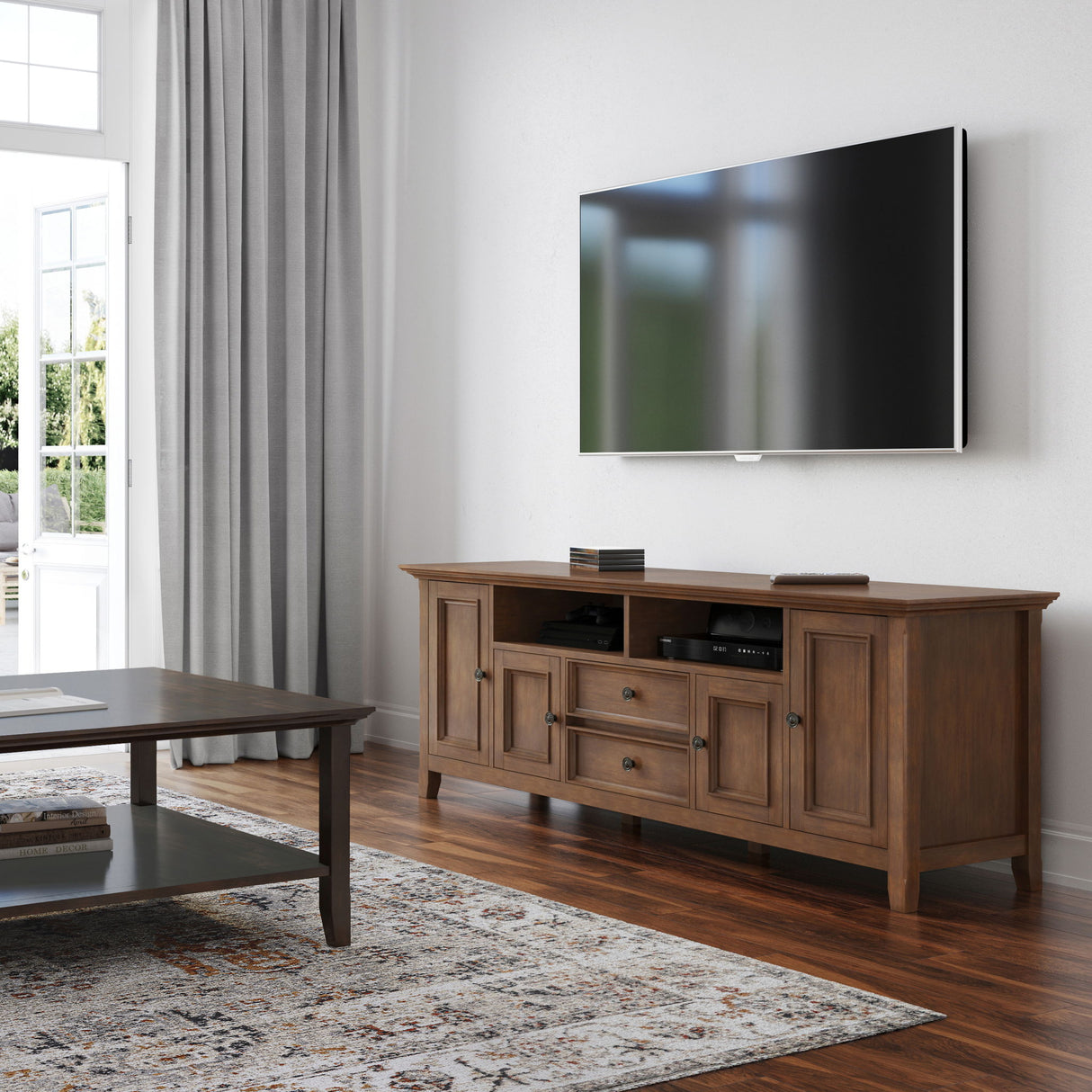 Amherst - Wide TV Media Stand - Rustic Natural Aged Brown by Simpli-Home | Bel Furniture