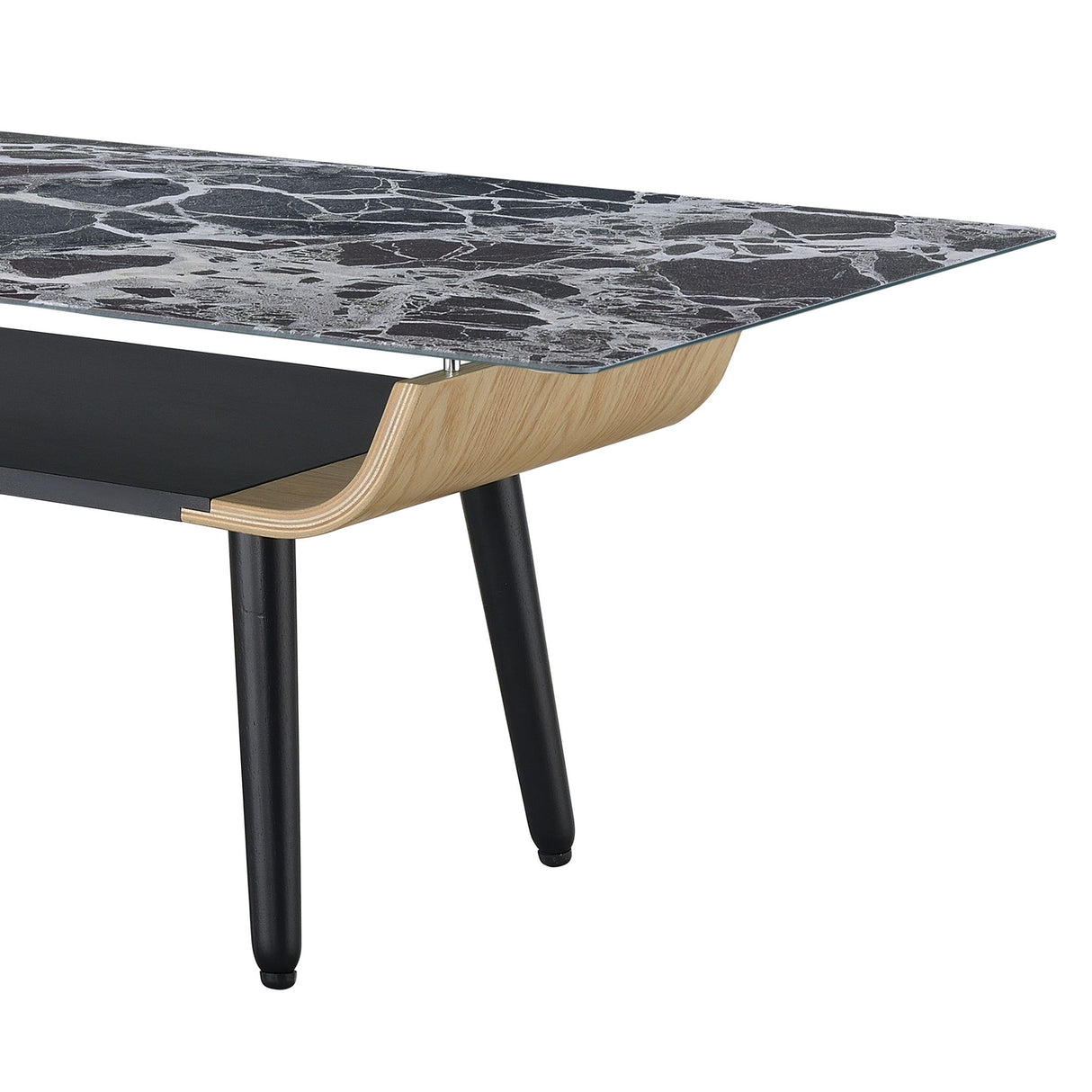 Landon - Coffee Table With Glass Marble Texture Top And Bent Wood Design by Lilola Home | Bel Furniture
